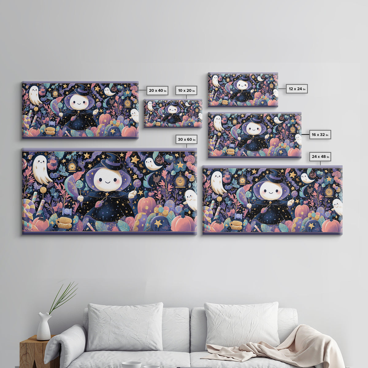 The Star-Cape Magician, Kawaii Halloween Art, Wide Panoramic Art, Framed Canvas Print, Cute Halloween Wall Art