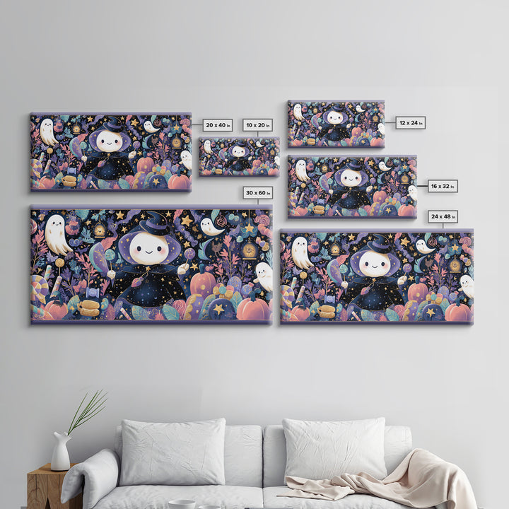 The Star-Cape Magician, Kawaii Halloween Art, Wide Panoramic Art, Framed Canvas Print, Cute Halloween Wall Art