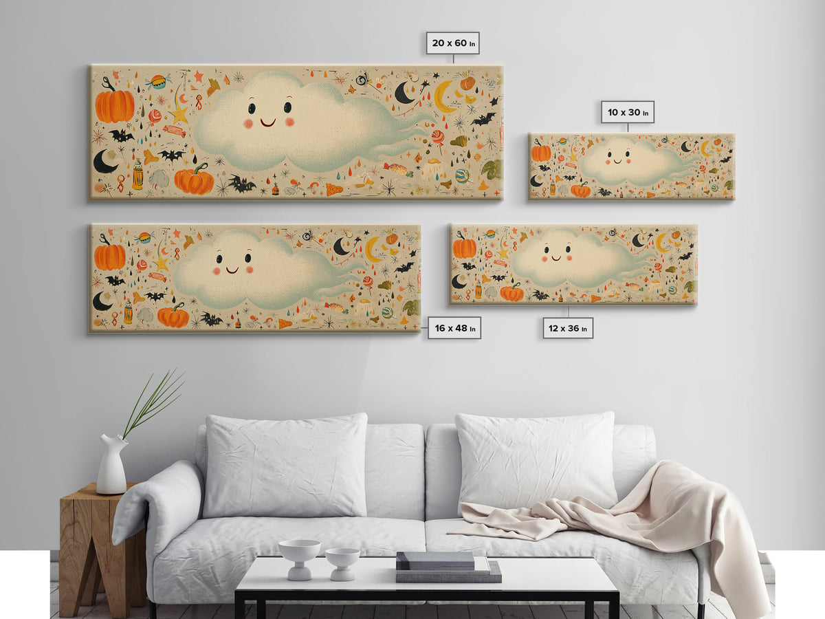 The Cloud Ghost, Retro Halloween Art, Extra Wide Wall Art, Canvas Print, Cute Halloween Wall Art, Cozy Autumn Kids Decor