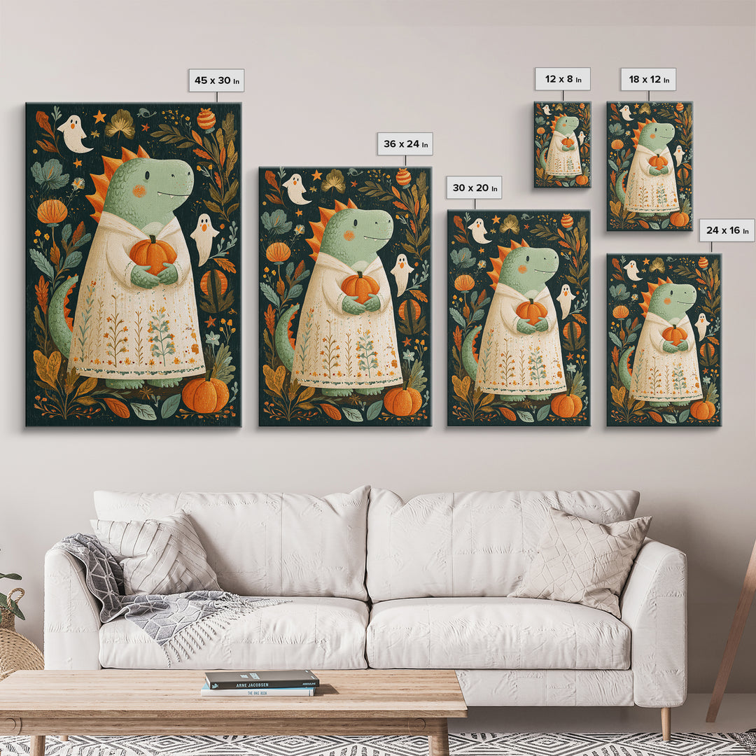 The Sleepy Costume Dragon, Folk Halloween Art, Vertical Wall Art, Canvas Print, Cute Halloween Wall Art