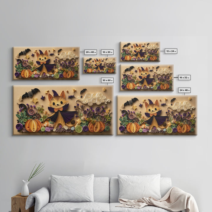 The Kitten Vampire, Quilled Halloween Art, Wide Panoramic Art, Framed Canvas Print, Cute Halloween Wall Art