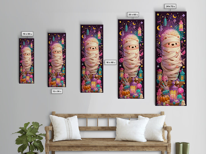 The Hedgehog Mummy, Vaporwave Halloween Art, Tall Narrow Wall Art, Framed Canvas Print, Cute Halloween Wall Art