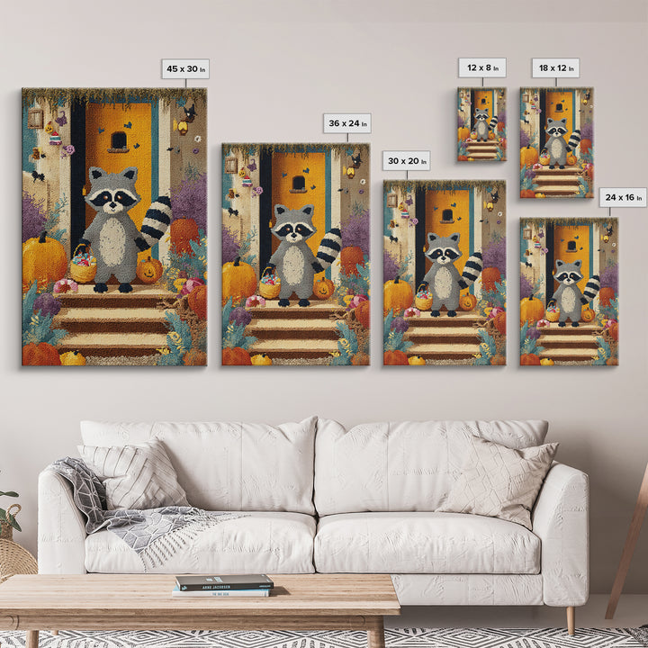 The Raccoon Trick-Or-Treater, Pixel Halloween Art, Vertical Wall Art, Canvas Print, Cute Halloween Wall Art