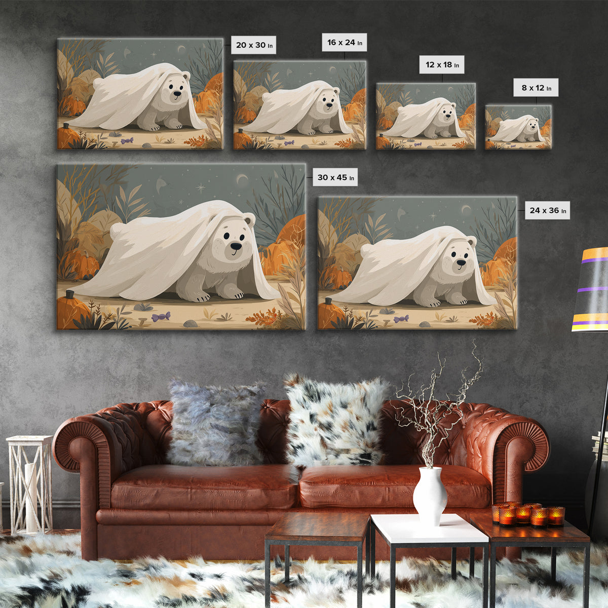 The Bear Cub Ghost, Vector Halloween Art, Landscape Wall Art, Framed Canvas Print, Cute Halloween Wall Art