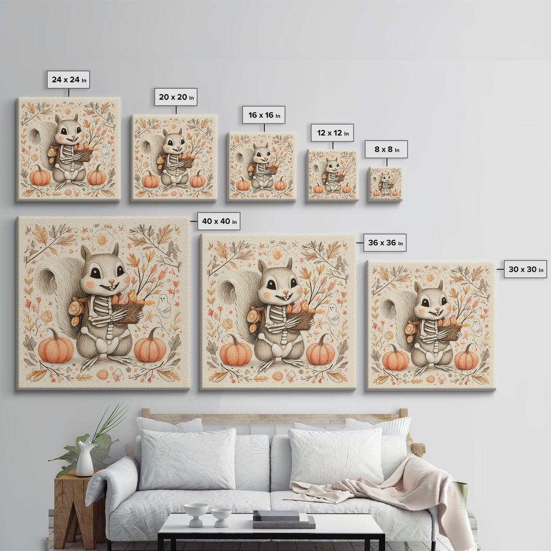 The Squirrel Skeleton, Hand Sketch Halloween Art, Square Wall Art, Canvas Print, Cute Halloween Wall Art
