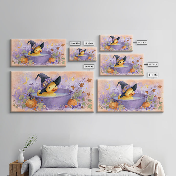 The Duckling Witch, Watercolor Halloween Art, Wide Panoramic Art, Framed Canvas Print, Cute Halloween Wall Art