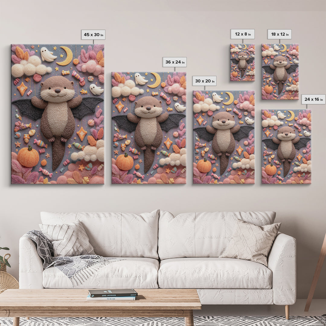 The Bat-Winged Otter, Pastel Halloween Art, Vertical Wall Art, Canvas Print, Cute Halloween Wall Art
