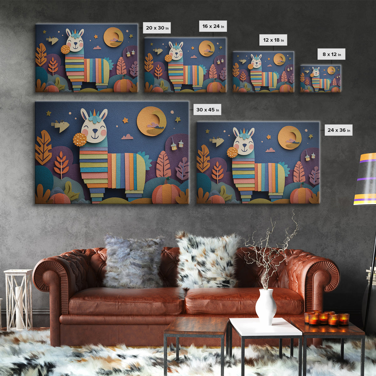 The Llama Mummy, Paper Collage Halloween, Landscape Wall Art, Framed Canvas Print, Cute Halloween Wall Art