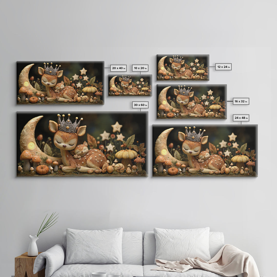 The Moon Princess Deer, Clay Halloween Art, Wide Panoramic Art, Framed Canvas Print, Cute Halloween Wall Art