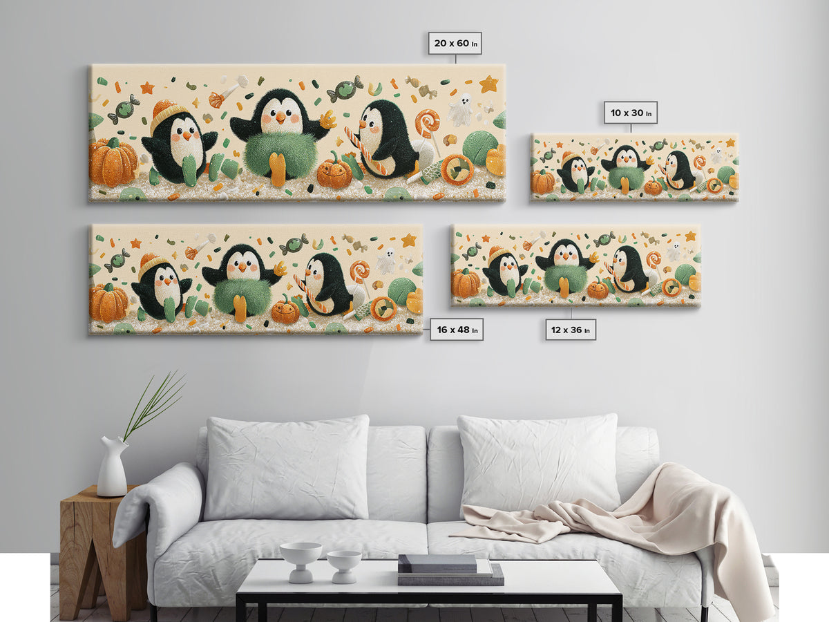 The Penguin Monster, Plush Halloween Art, Extra Wide Wall Art, Canvas Print, Cute Halloween Wall Art