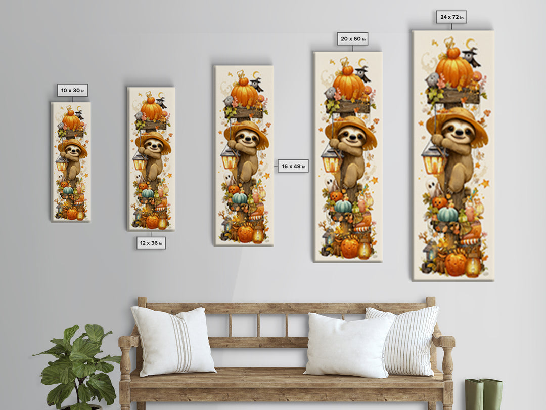 The Scarecrow Sloth, Kawaii Halloween Art, Tall Narrow Wall Art, Framed Canvas Print, Cute Halloween Wall Art
