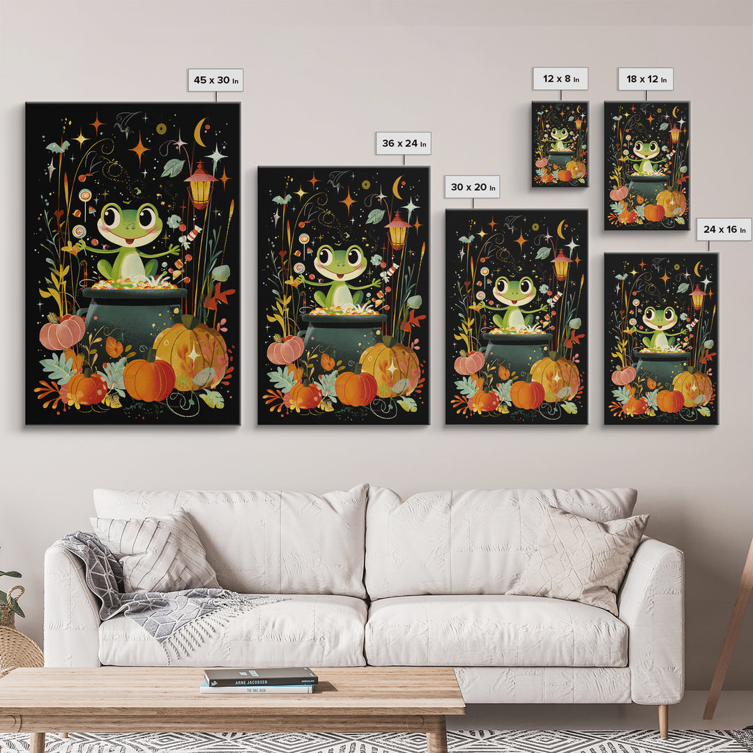 The Cauldron Frog, Retro Halloween Art, Vertical Wall Art, Canvas Print, Cute Halloween Wall Art, Whimsical Nursery Decor