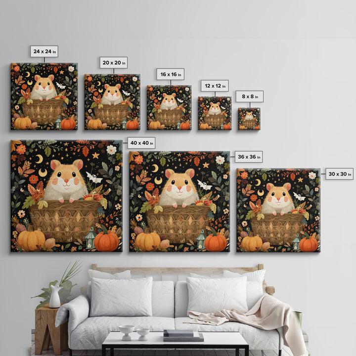 The Pumpkin Hamster, Folk Halloween Art, Square Wall Art, Canvas Print, Cute Halloween Wall Art, Halloween Kids Decor