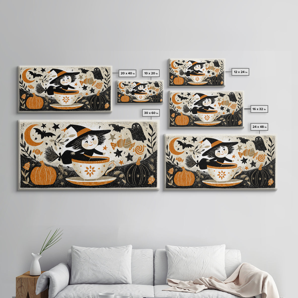 The Teacup Witch, Linocut Halloween Art, Wide Panoramic Art, Framed Canvas Print, Cute Halloween Wall Art