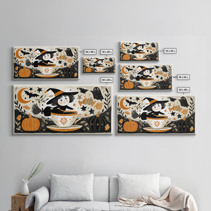 The Teacup Witch, Linocut Halloween Art, Wide Panoramic Art, Framed Canvas Print, Cute Halloween Wall Art