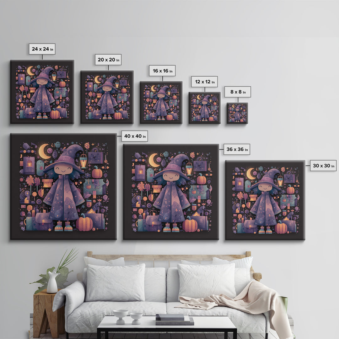 The Moonlight Pajama Witch, Pixel Halloween Art, Square Wall Art, Canvas Print, Cute Halloween Wall Art