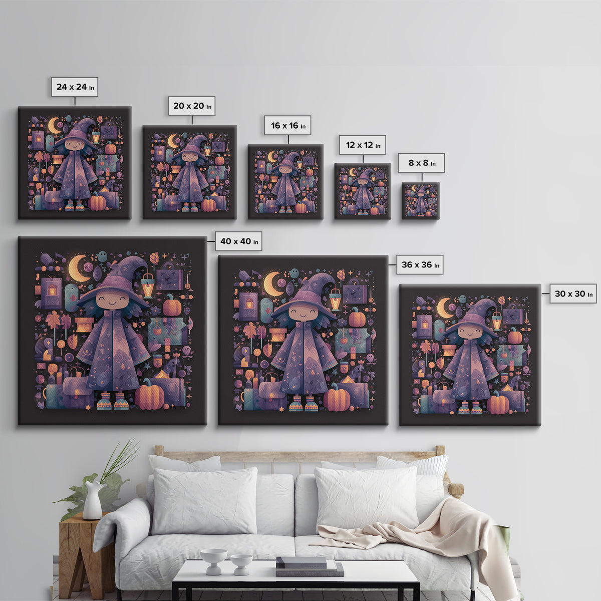 The Moonlight Pajama Witch, Pixel Halloween Art, Square Wall Art, Canvas Print, Cute Halloween Wall Art