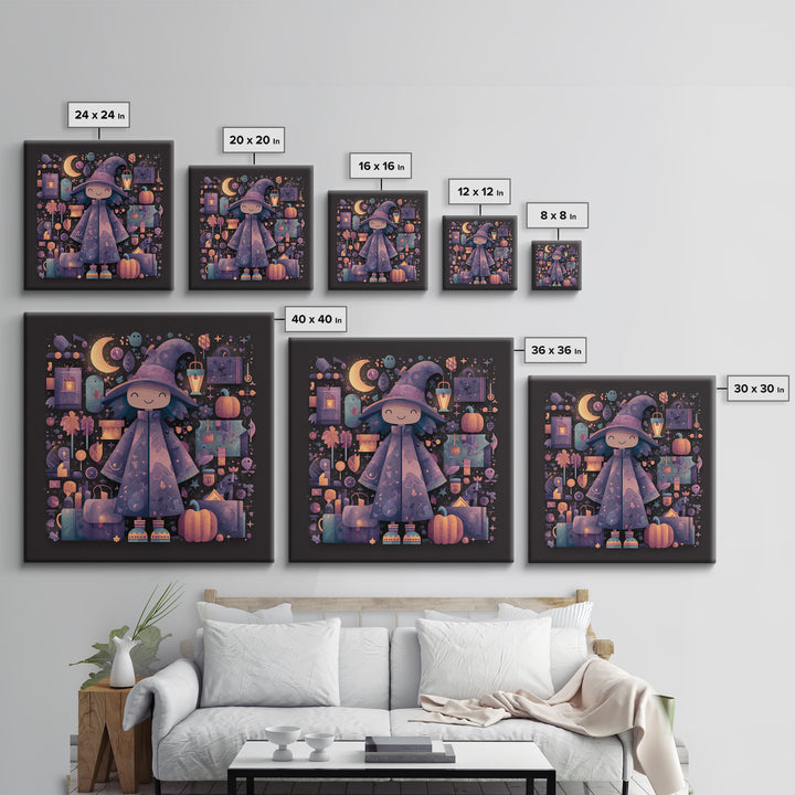 The Moonlight Pajama Witch, Pixel Halloween Art, Square Wall Art, Canvas Print, Cute Halloween Wall Art