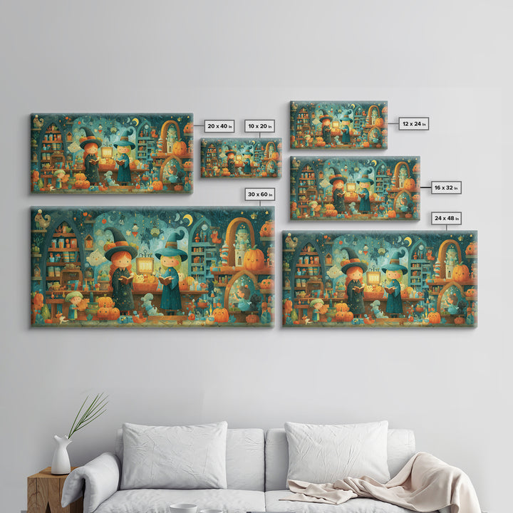 The Tiny Hat Shop Witch, Vector Halloween Art, Wide Panoramic Art, Framed Canvas Print, Cute Halloween Wall Art