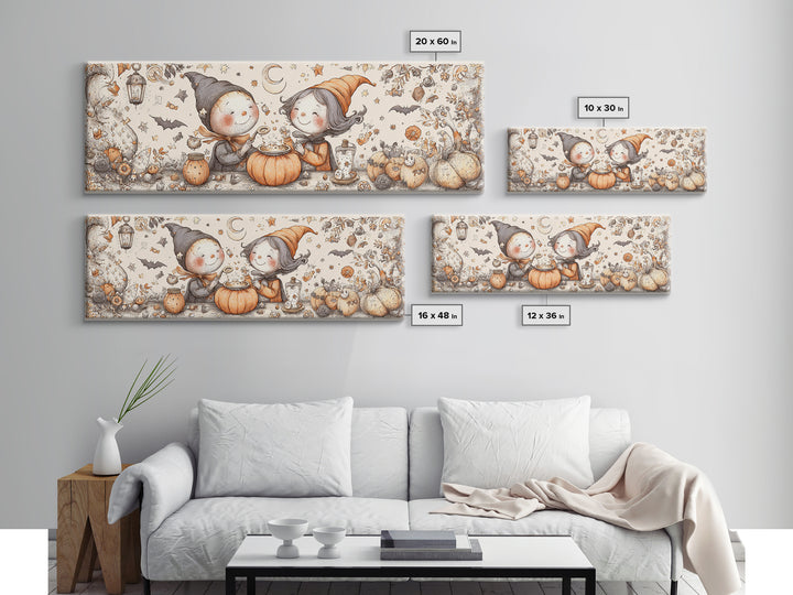 The Pumpkin Potion Twins, Hand Sketch Halloween Art, Extra Wide Wall Art, Canvas Print, Cute Halloween Wall Art