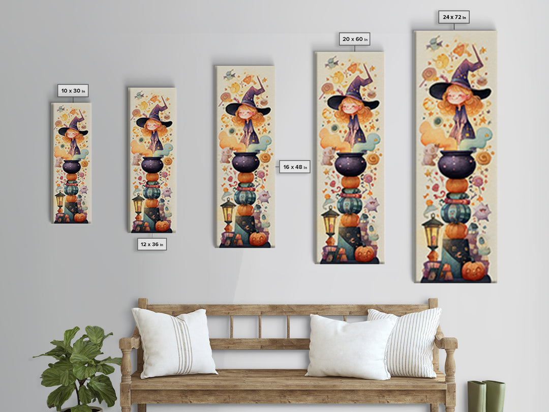 The Rainbow-Cauldron Witch, Watercolor Halloween Art, Tall Narrow Wall Art, Framed Canvas Print, Cute Halloween Wall Art