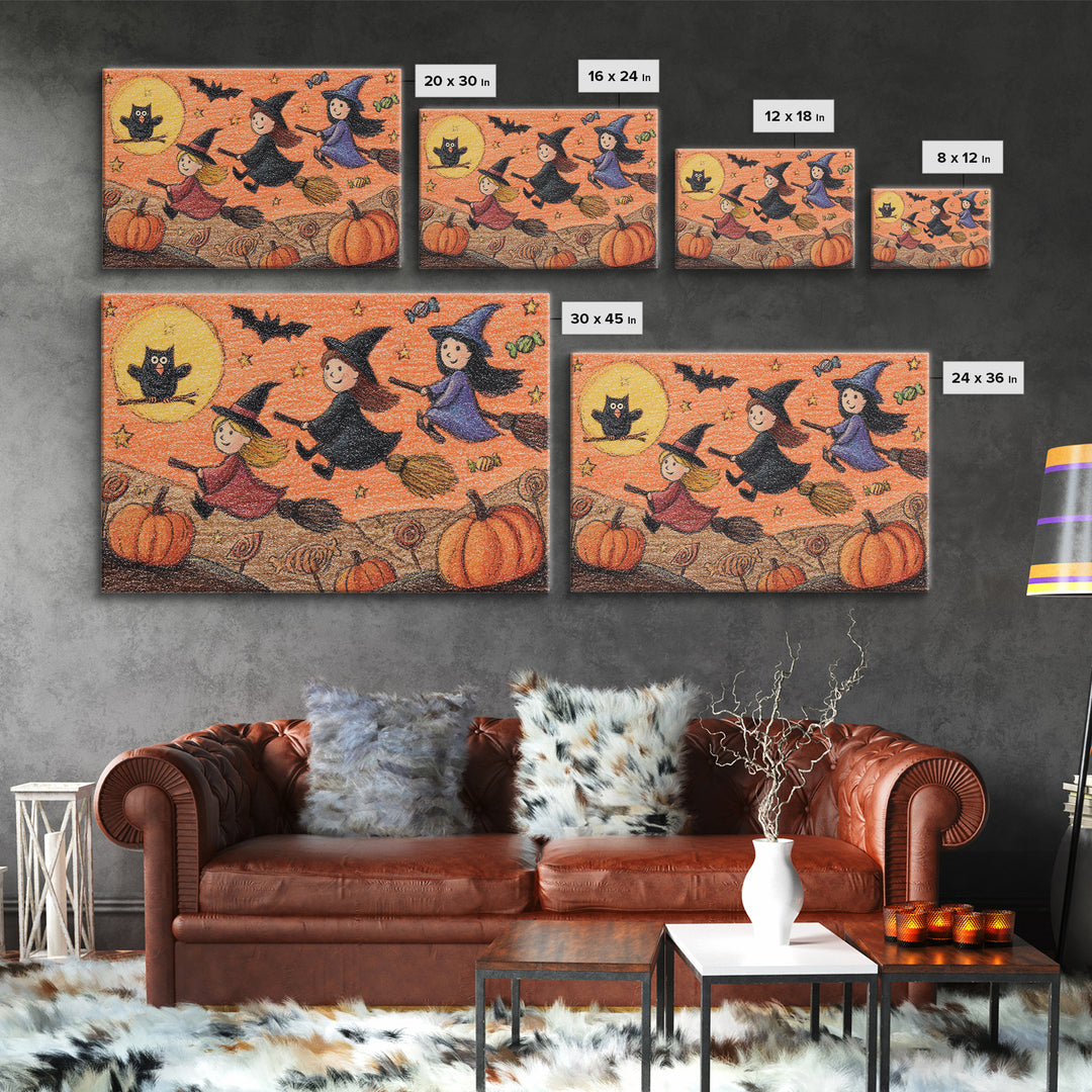 The Broomstick Riding Lesson, Crayon Halloween Art, Landscape Wall Art, Framed Canvas Print, Cute Halloween Wall Art
