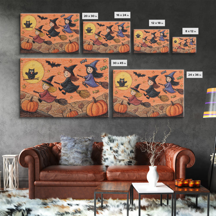 The Broomstick Riding Lesson, Crayon Halloween Art, Landscape Wall Art, Framed Canvas Print, Cute Halloween Wall Art