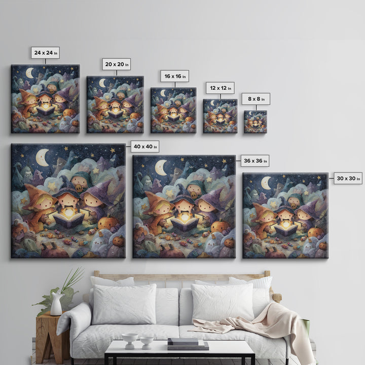 The Spellbook Sleepover, Pastel Halloween Art, Square Wall Art, Canvas Print, Cute Halloween Wall Art