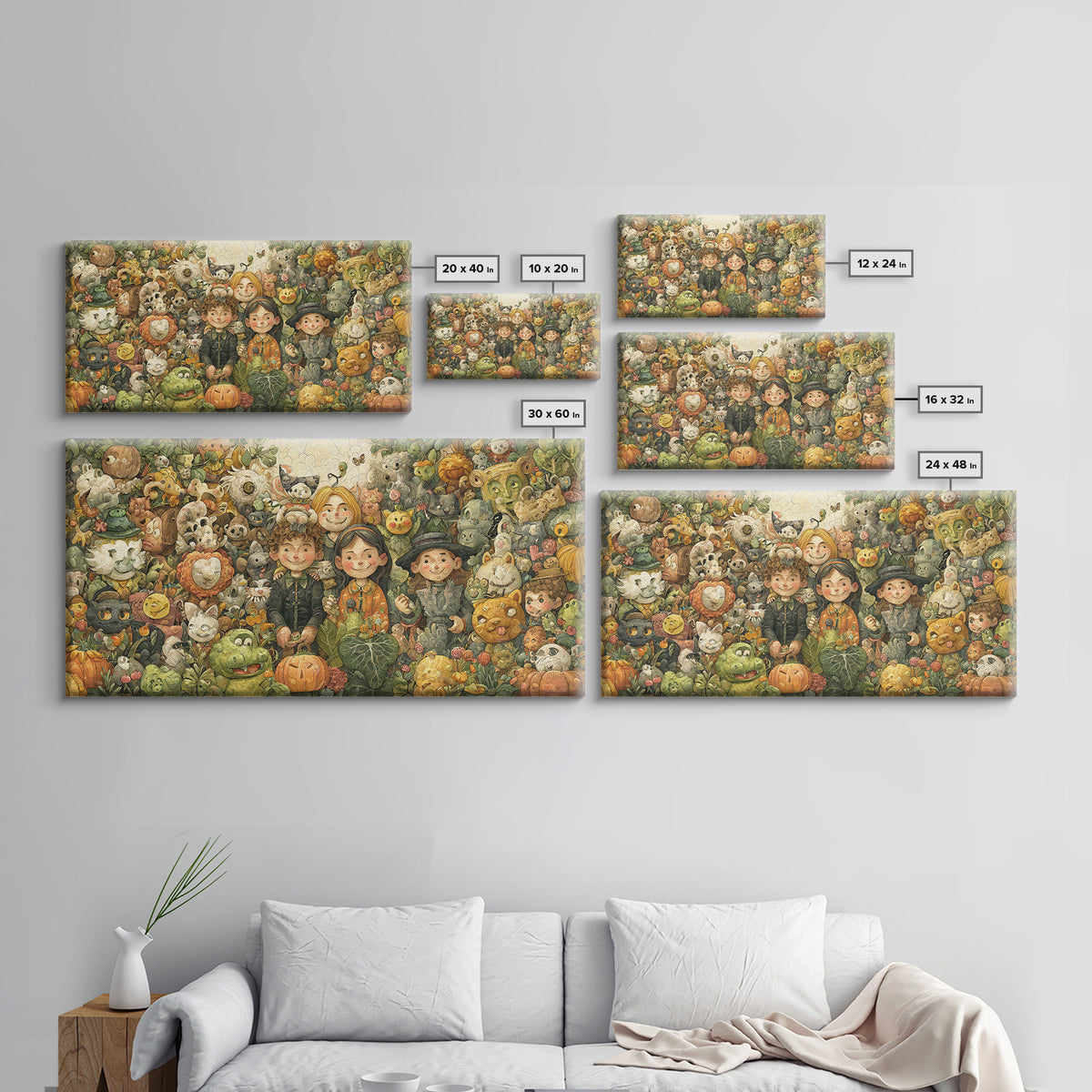 The Friendly Familiar Club, Paper Collage Halloween, Wide Panoramic Art, Framed Canvas Print, Cute Halloween Wall Art