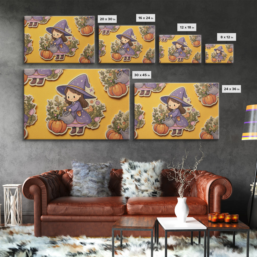 The Moon Garden Witch, Kawaii Halloween Art, Landscape Wall Art, Framed Canvas Print, Cute Halloween Wall Art