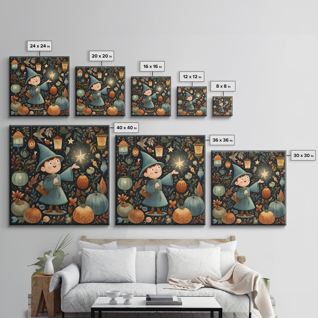 The Lantern-Light Wizard, Retro Halloween Art, Square Wall Art, Canvas Print, Cute Halloween Wall Art