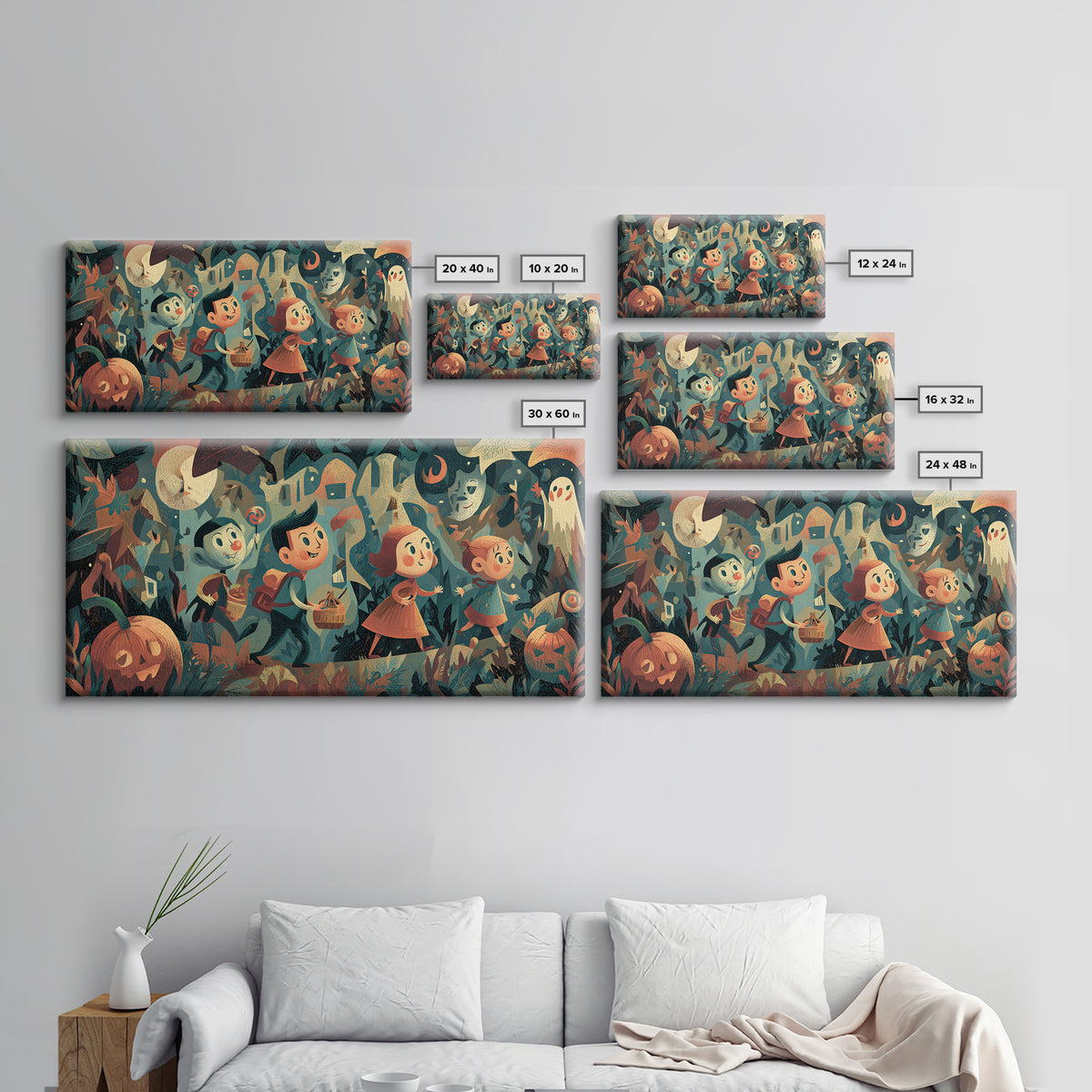 The Candy Map Adventurers, Screenprint Halloween Art, Wide Panoramic Art, Framed Canvas Print, Cute Halloween Wall Art