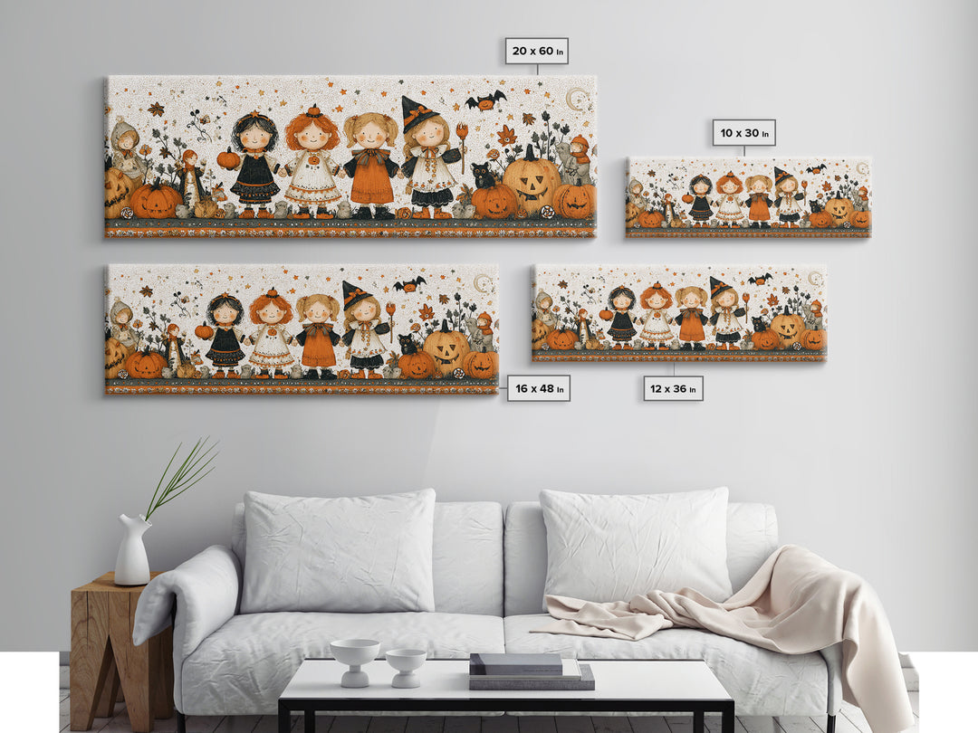 The Halloween Friendship Spell, Folk Halloween Art, Extra Wide Wall Art, Canvas Print, Cute Halloween Wall Art