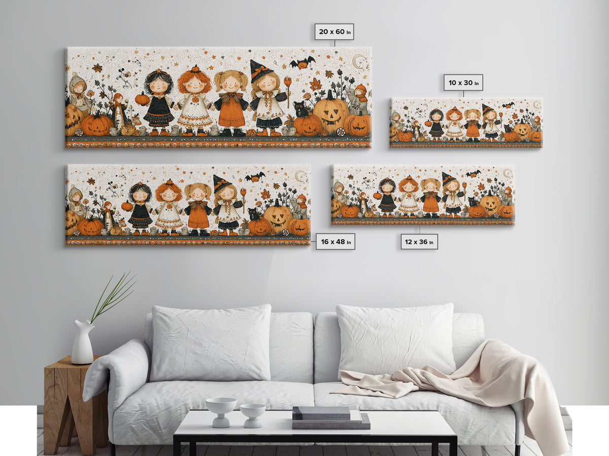 The Halloween Friendship Spell, Folk Halloween Art, Extra Wide Wall Art, Canvas Print, Cute Halloween Wall Art