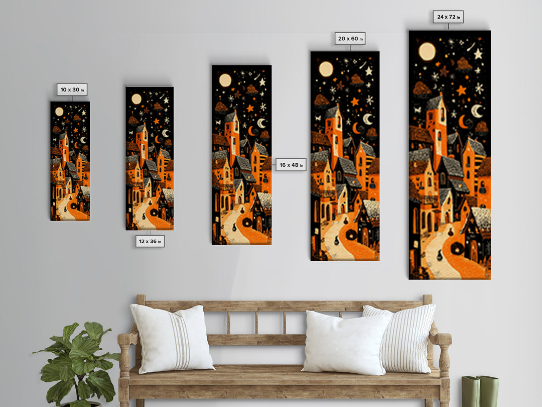 Candy Corn Village, Linocut Halloween Art, Tall Narrow Wall Art, Framed Canvas Print, Cute Halloween Wall Art