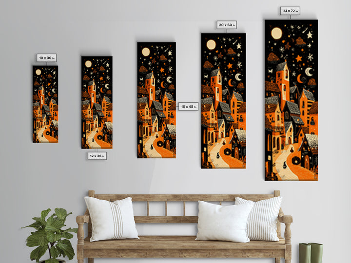 Candy Corn Village, Linocut Halloween Art, Tall Narrow Wall Art, Framed Canvas Print, Cute Halloween Wall Art