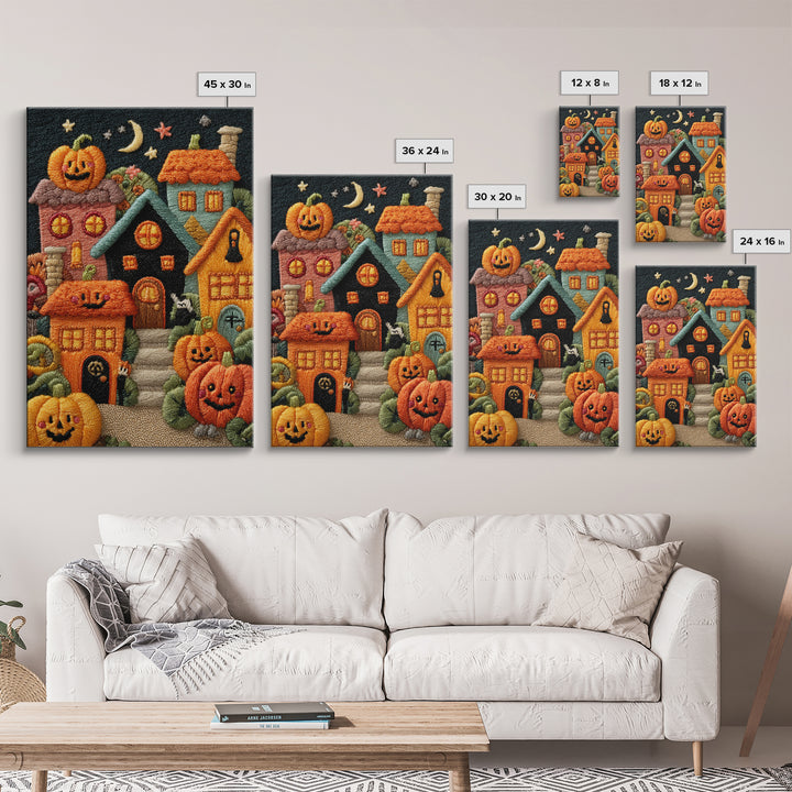 Pumpkin Cottage Lane, Embroidered Halloween Art, Vertical Wall Art, Canvas Print, Cute Halloween Wall Art