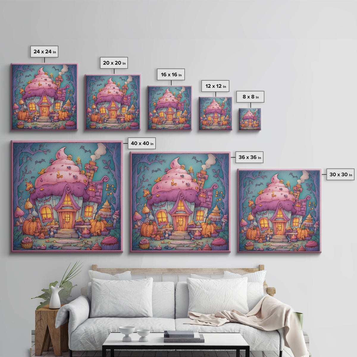 The Witch'S Cupcake Cottage, Stained Glass Halloween, Square Wall Art, Canvas Print, Cute Halloween Wall Art