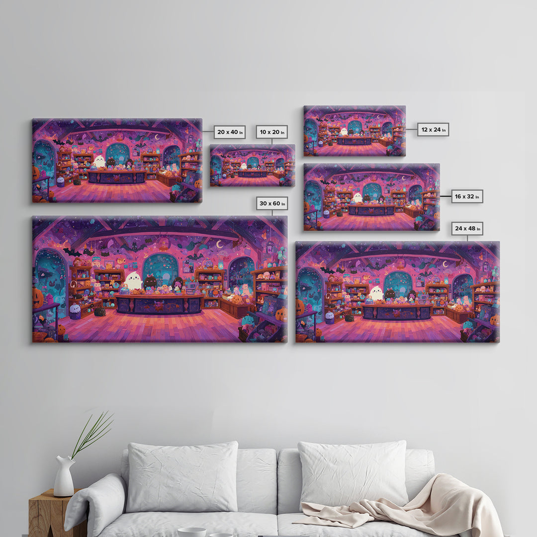 The Moonlight Toy Shop, Vaporwave Halloween Art, Wide Panoramic Art, Framed Canvas Print, Cute Halloween Wall Art