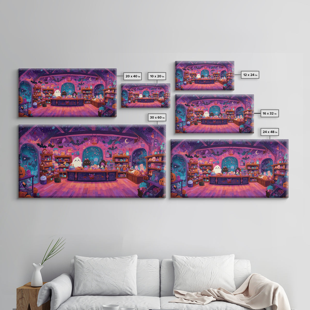 The Moonlight Toy Shop, Vaporwave Halloween Art, Wide Panoramic Art, Framed Canvas Print, Cute Halloween Wall Art