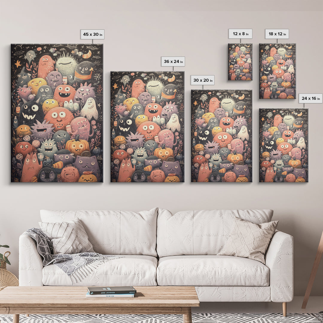 The Little Monster School, Hand Sketch Halloween Art, Vertical Wall Art, Canvas Print, Cute Halloween Wall Art