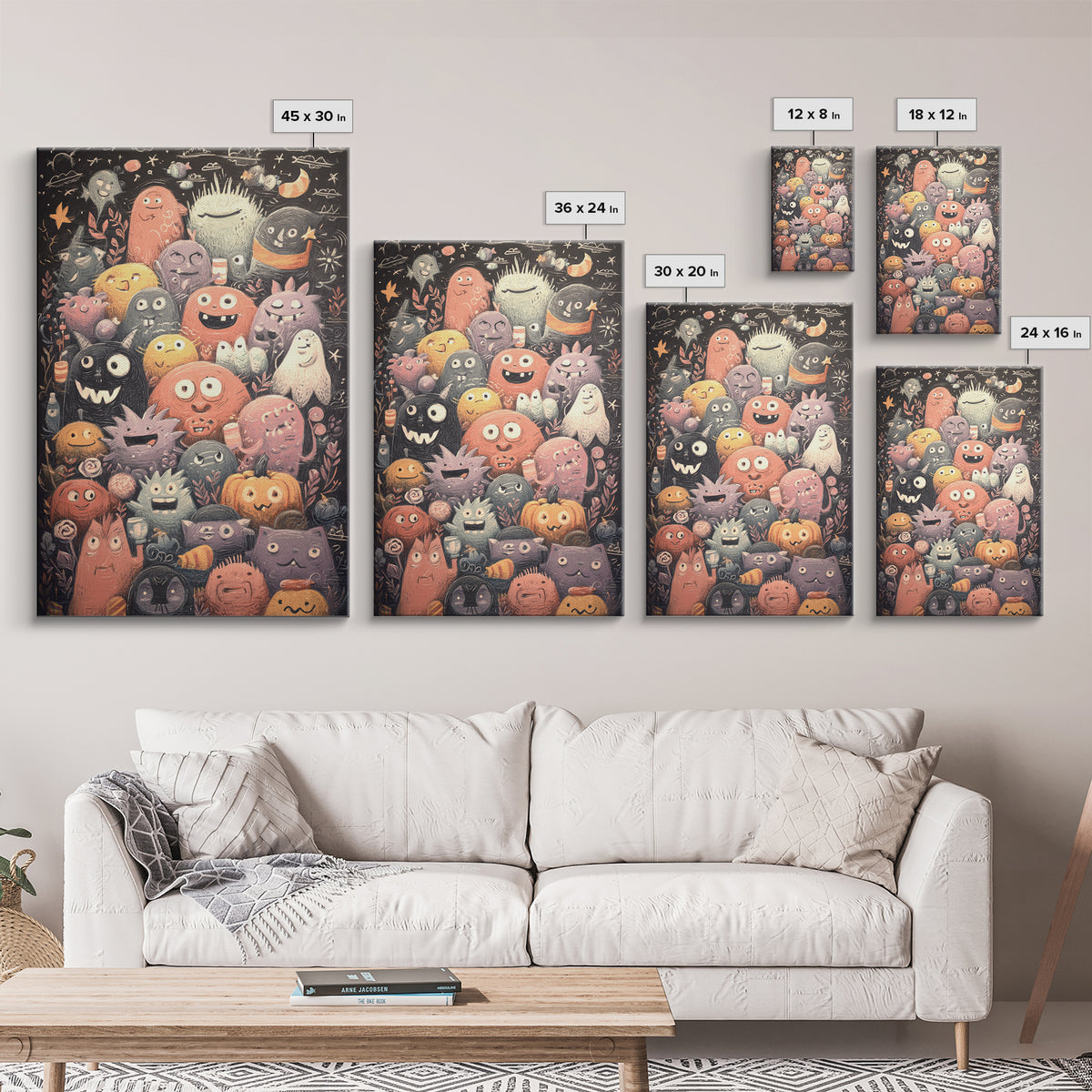 The Little Monster School, Hand Sketch Halloween Art, Vertical Wall Art, Canvas Print, Cute Halloween Wall Art