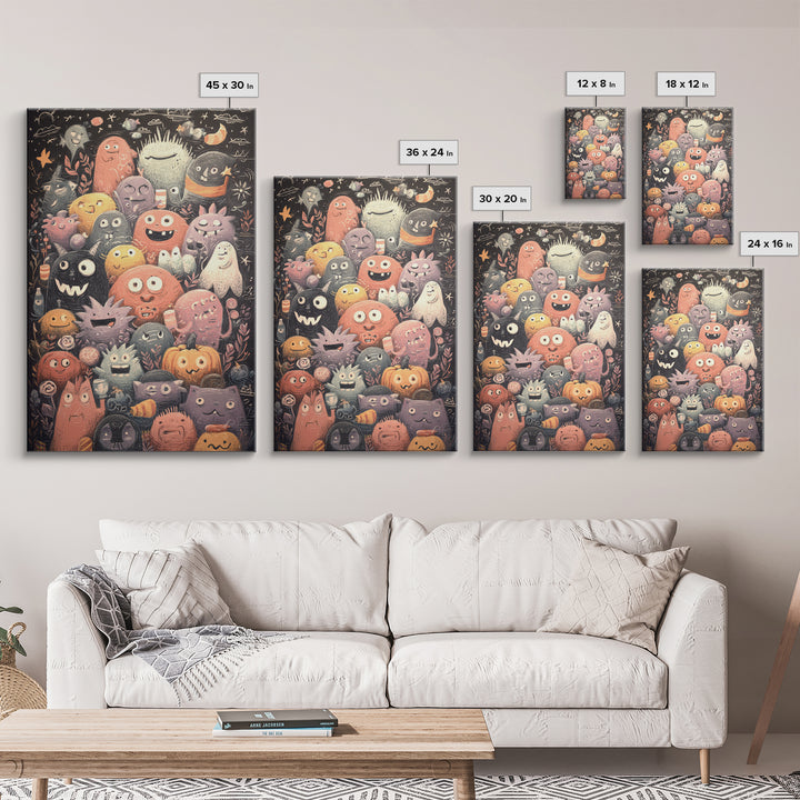 The Little Monster School, Hand Sketch Halloween Art, Vertical Wall Art, Canvas Print, Cute Halloween Wall Art