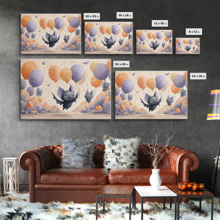 The Bat Balloon Factory, Watercolor Halloween Art, Landscape Wall Art, Framed Canvas Print, Cute Halloween Wall Art