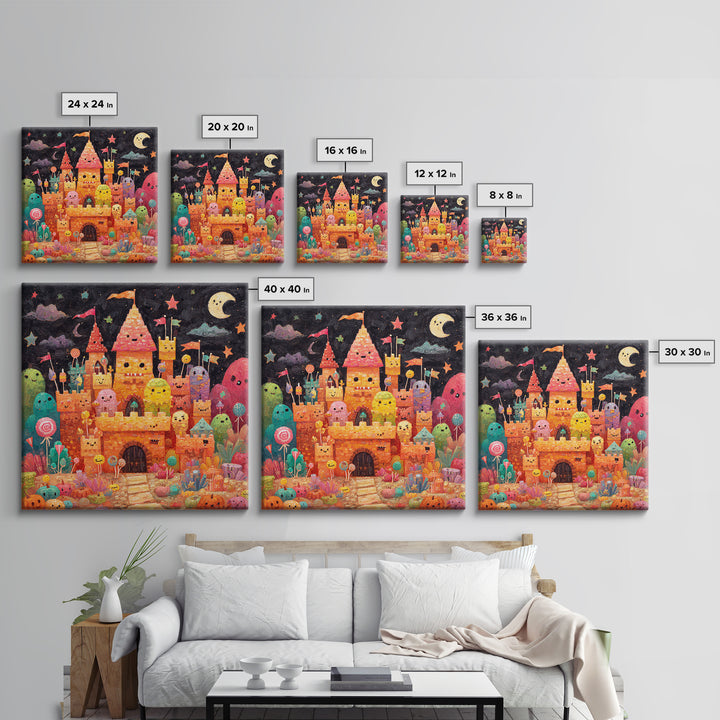 The Candy Castle, Gouache Halloween Art, Square Wall Art, Canvas Print, Cute Halloween Wall Art, Halloween Kids Decor