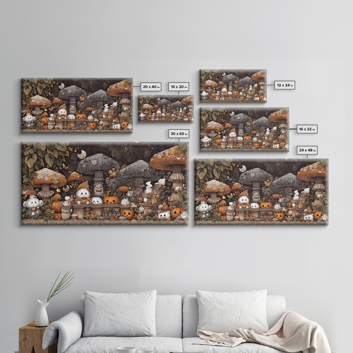 The Friendly Forest Cafe, Crayon Halloween Art, Wide Panoramic Art, Framed Canvas Print, Cute Halloween Wall Art