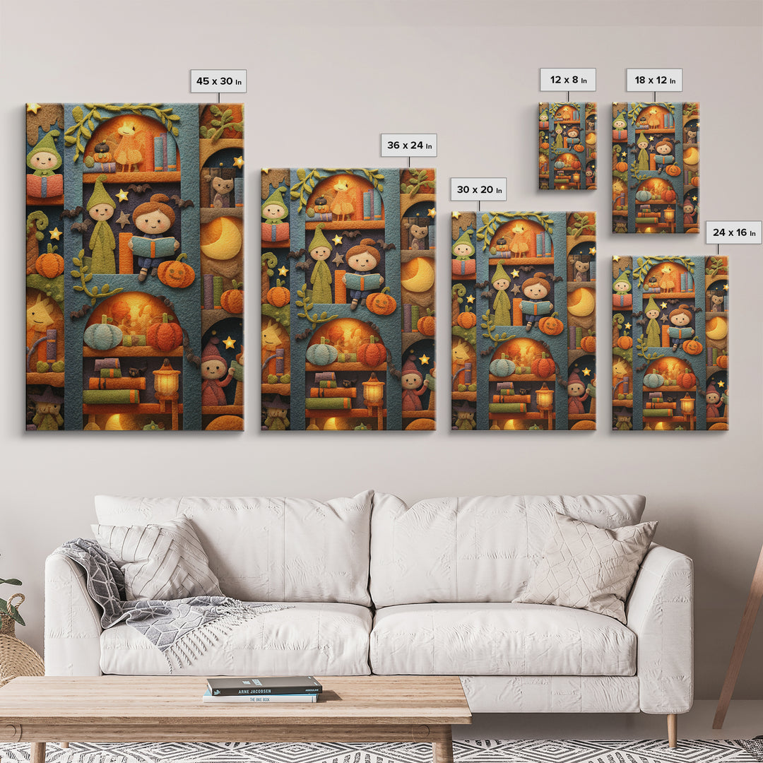 The Moonbeam Library, Felt Halloween Art, Vertical Wall Art, Canvas Print, Cute Halloween Wall Art, Whimsical Nursery Decor