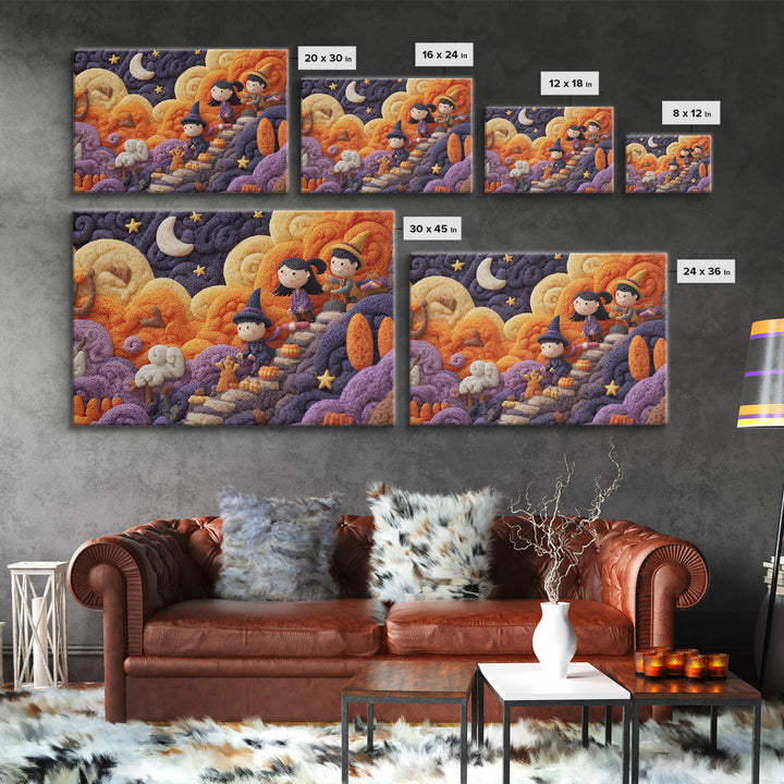 The Halloween Cloud Kingdom, Clay Halloween Art, Landscape Wall Art, Framed Canvas Print, Cute Halloween Wall Art