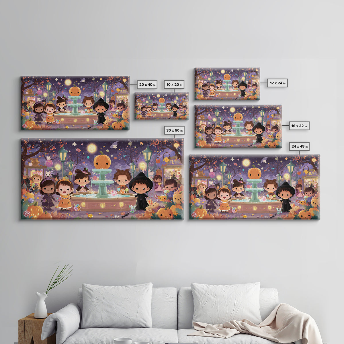 The Trick-Or-Treat Village Square, Kawaii Halloween Art, Wide Panoramic Art, Framed Canvas Print, Cute Halloween Wall Art