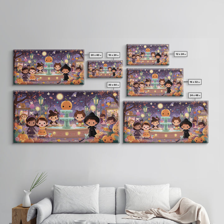The Trick-Or-Treat Village Square, Kawaii Halloween Art, Wide Panoramic Art, Framed Canvas Print, Cute Halloween Wall Art